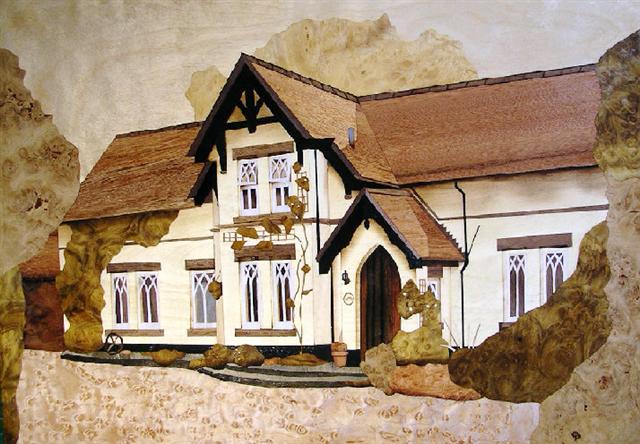 Marquetry picture of house