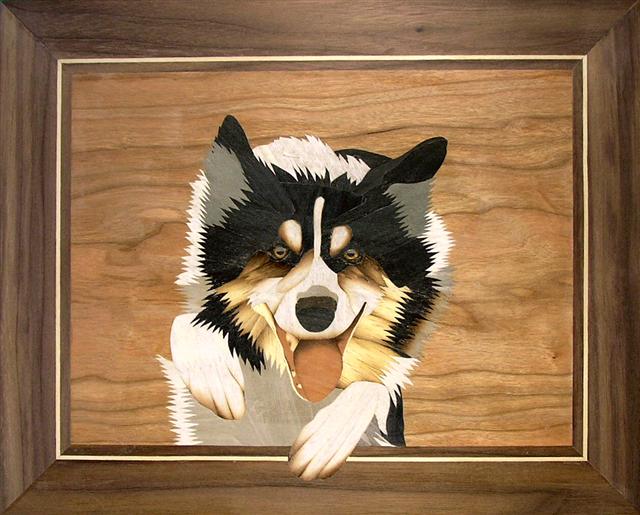 Marquetry dog portrait