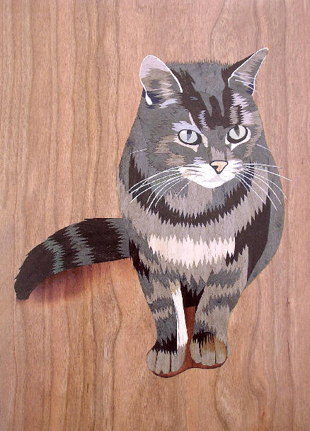Marquetry cat portrait
